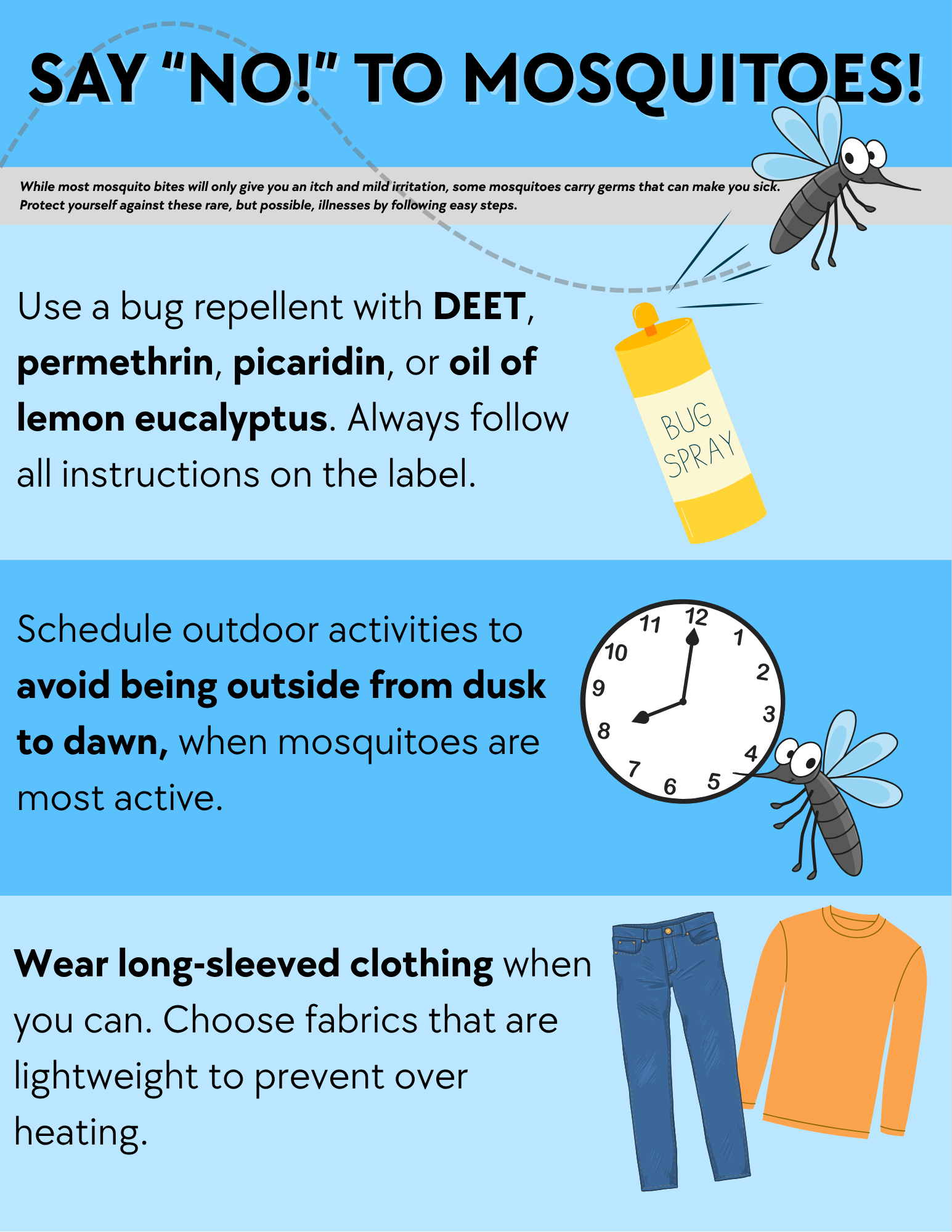 Mosquito Prevention use EPA bug spray with DEET, wear long sleeves, know active mosquito times