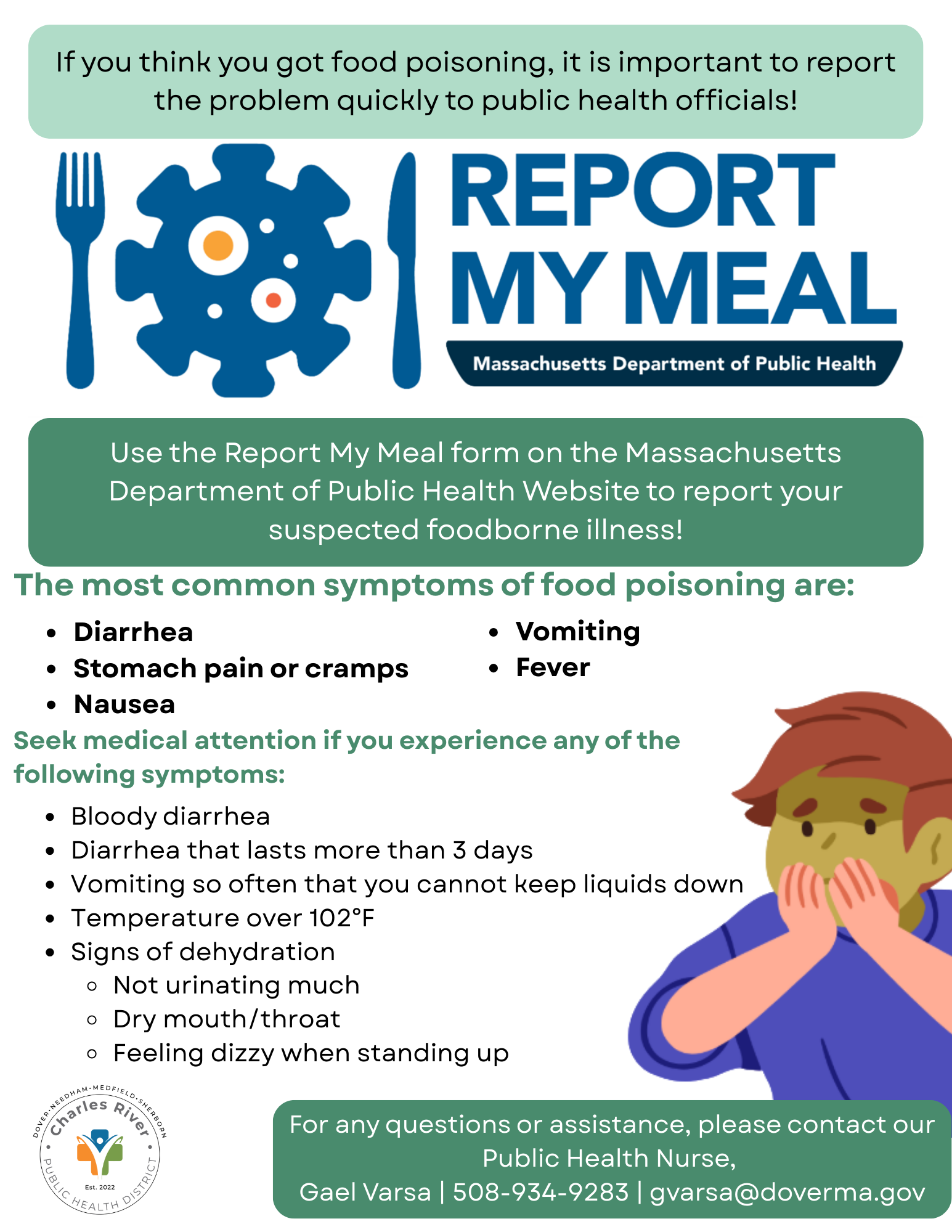 Think you might have food poisoning Report the problem quickly using the Report My Meal form to repo